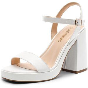 Women's White High Open Toe Chunky Ankle Strap Stylish Sandal Comfort Heel Shoe